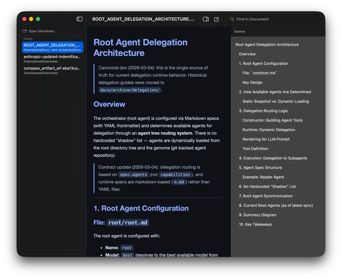 Early version of Clearance showing dark mode with sidebar and document outline