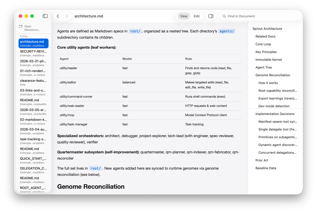 Clearance showing polished light mode with file list, rendered document, and outline